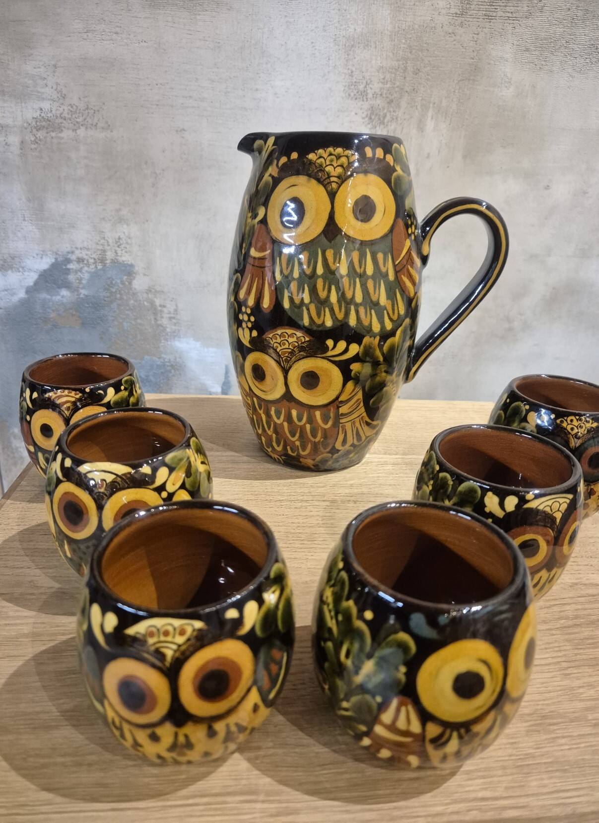 Vintage ceramic owl service signed Reber, 1960
