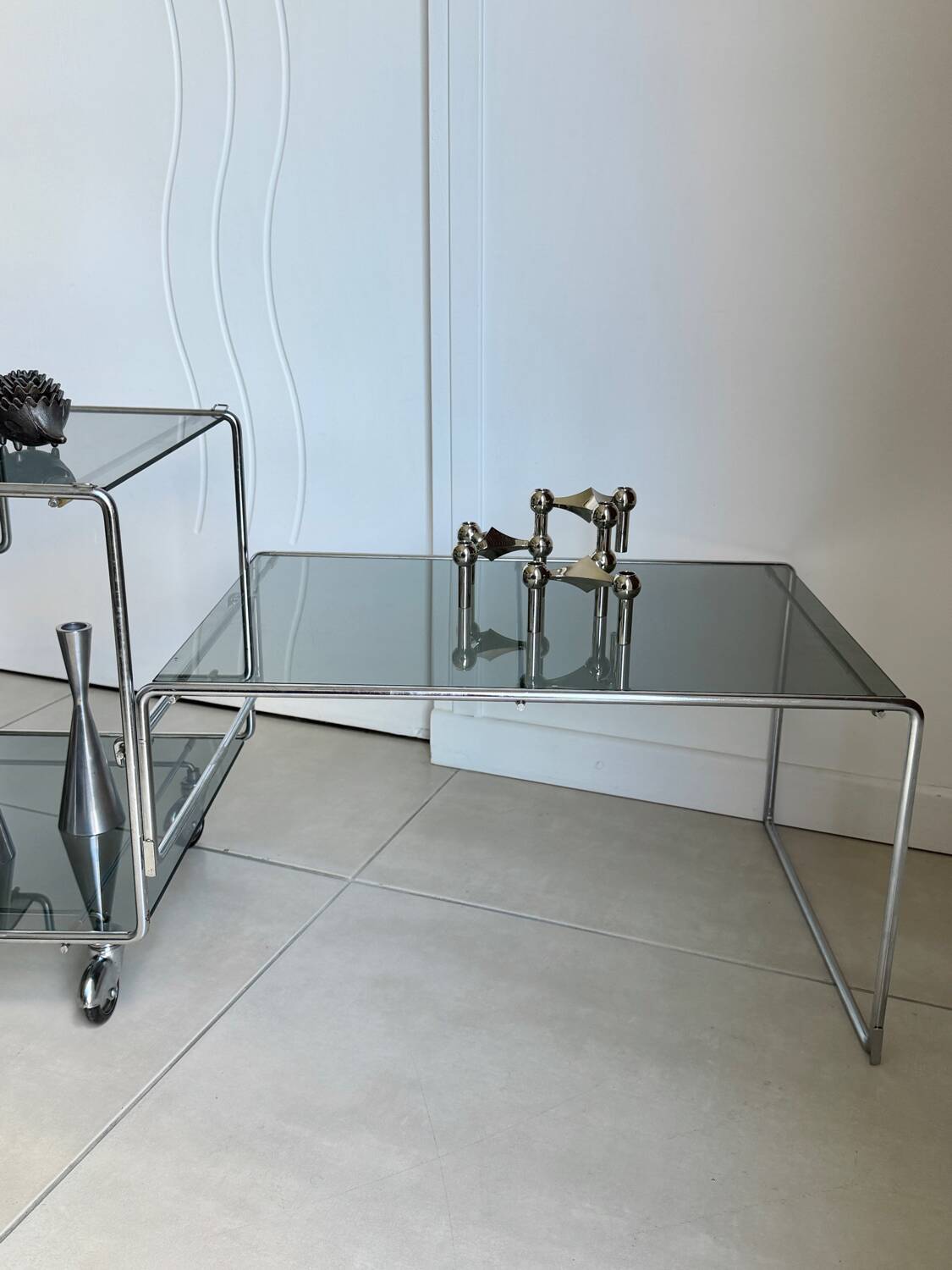 Coffee table / chrome and smoked glass by Max Sauze