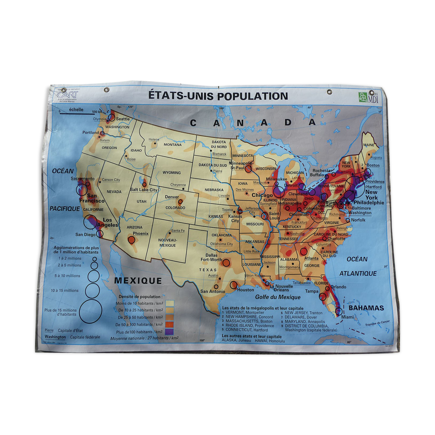 Vintage poster school card "United States Relief & Population" MDI