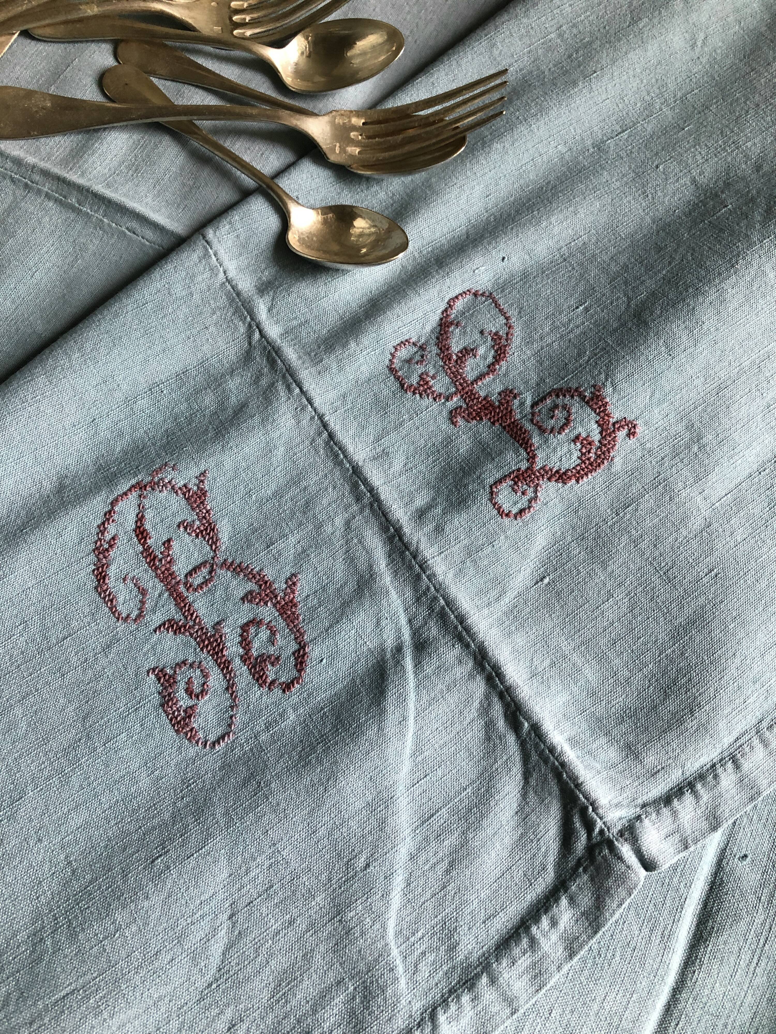 Old harvest tablecloth in linen and cotton tinted in steel blue