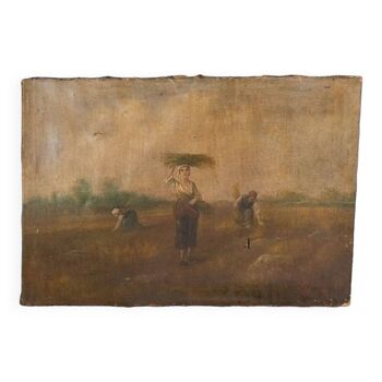 Huile sur toile XIXe paysannes au champ glanneuses moisson