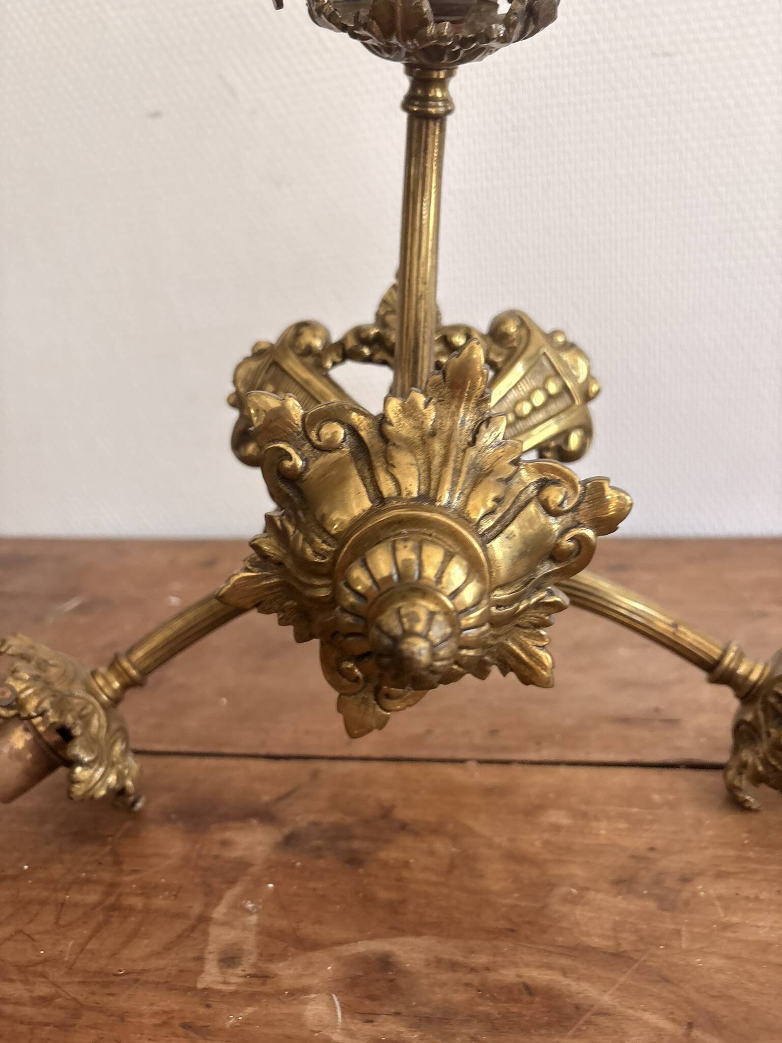 Antique Bronze Ceiling Chandelier with Fringed Glass Tulips, 3 Arms, Art Nouveau