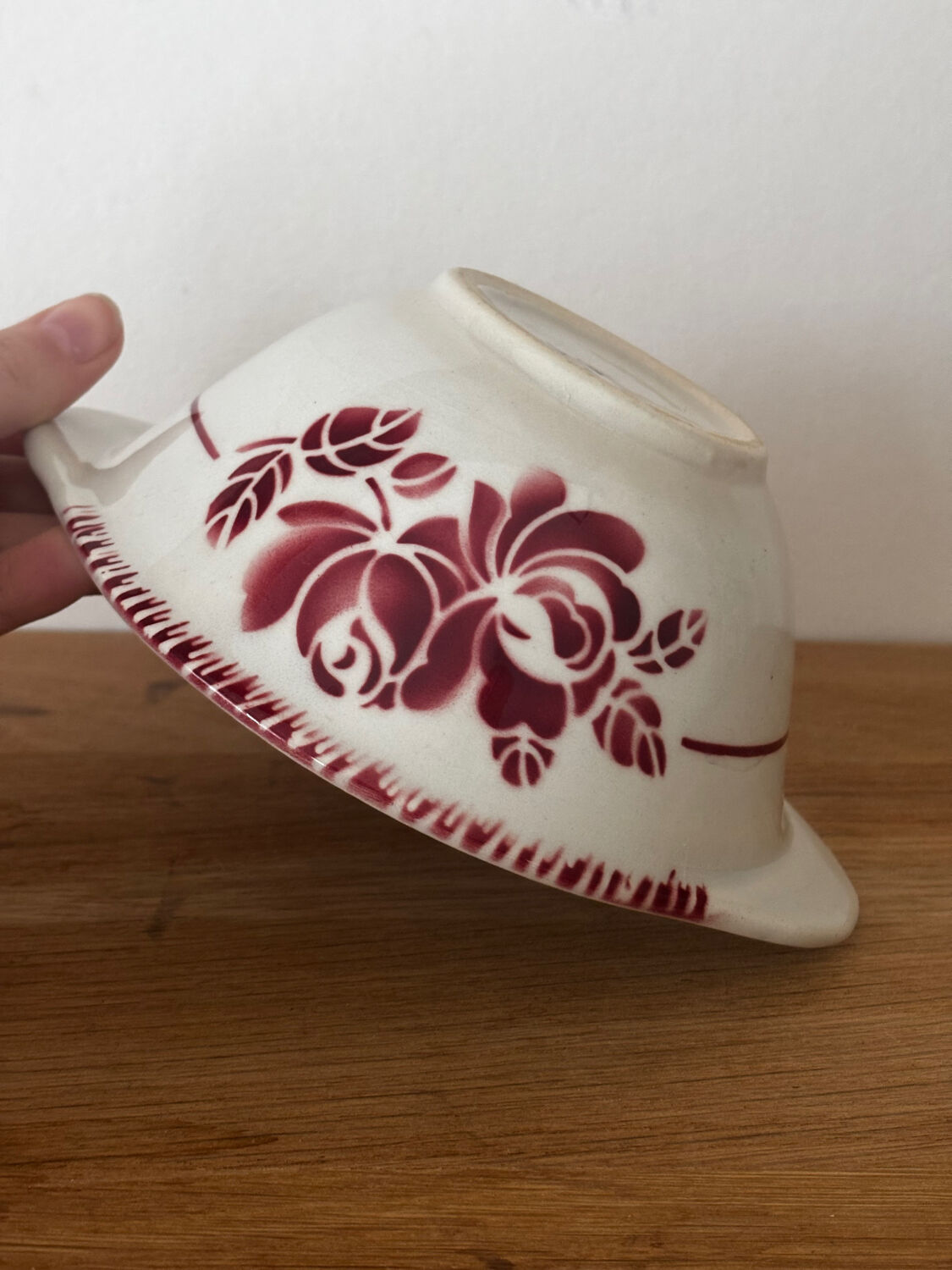 Vintage earthenware bowl with pink floral design from Badonviller.