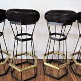 Five brass bar stools and vintage black metal 80s