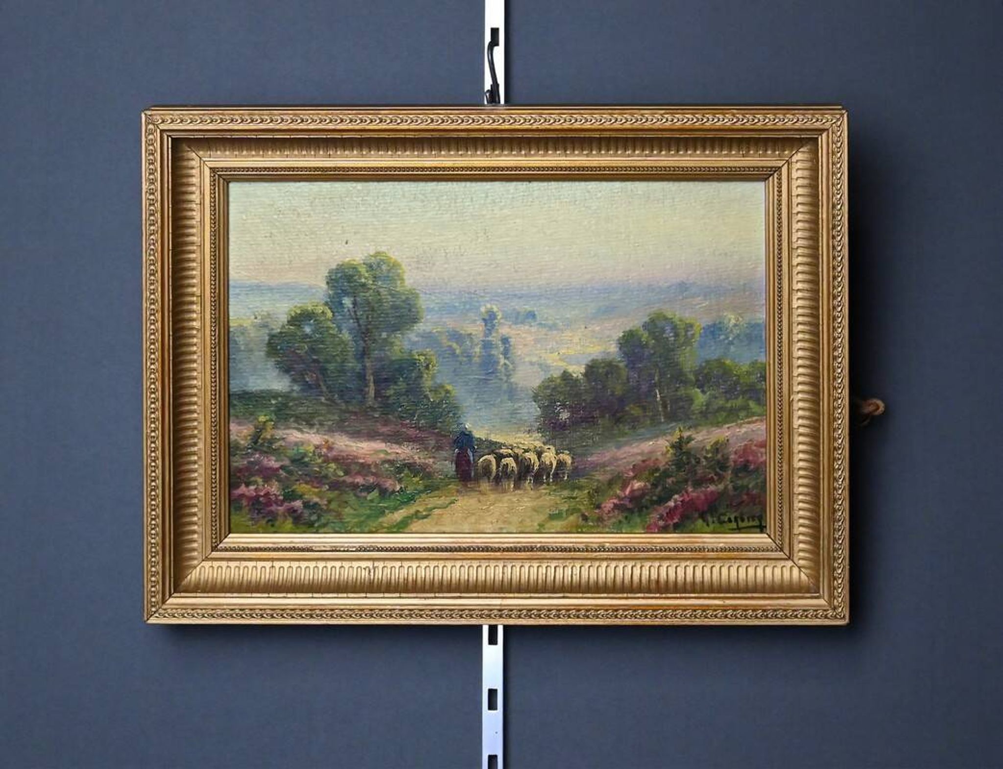 Painting "Shepherdess and her Flock", oil on panel signed G. Corbier – early 20th century
