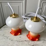 Ensemble de 4 suspensions tulipes en opaline orange dégradé fil orange et blanc années 70