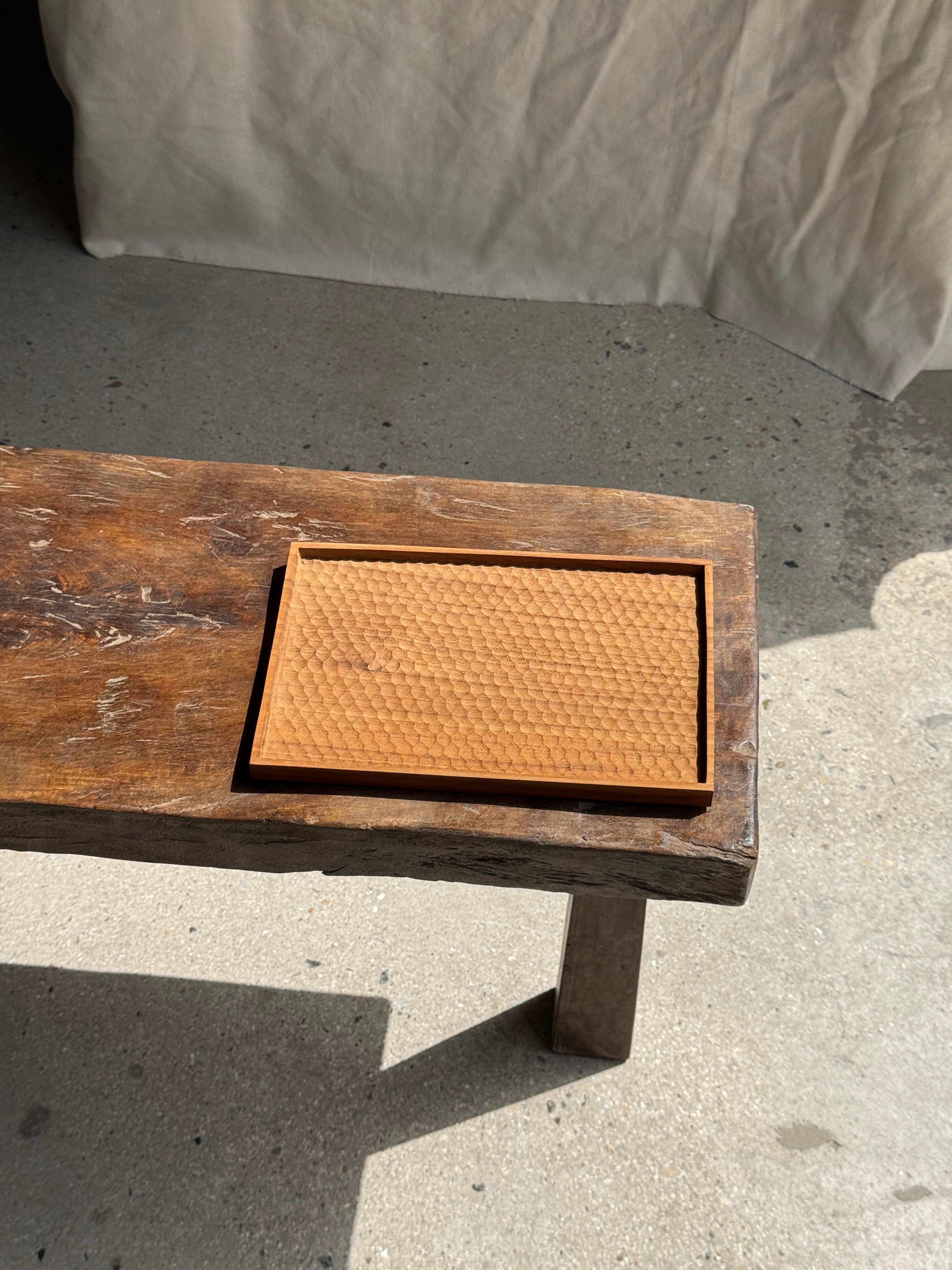 Rectangular solid teak plateau with carved edges 27x18.