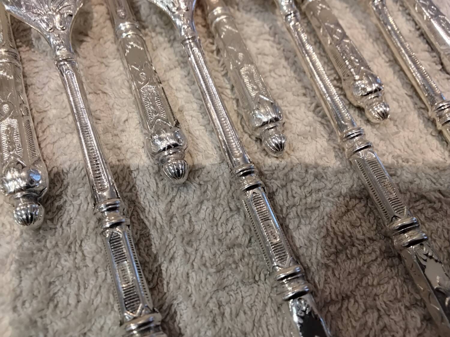 12 four-pronged lunch forks, silver-plated metal, SFAM silversmith, Russian style