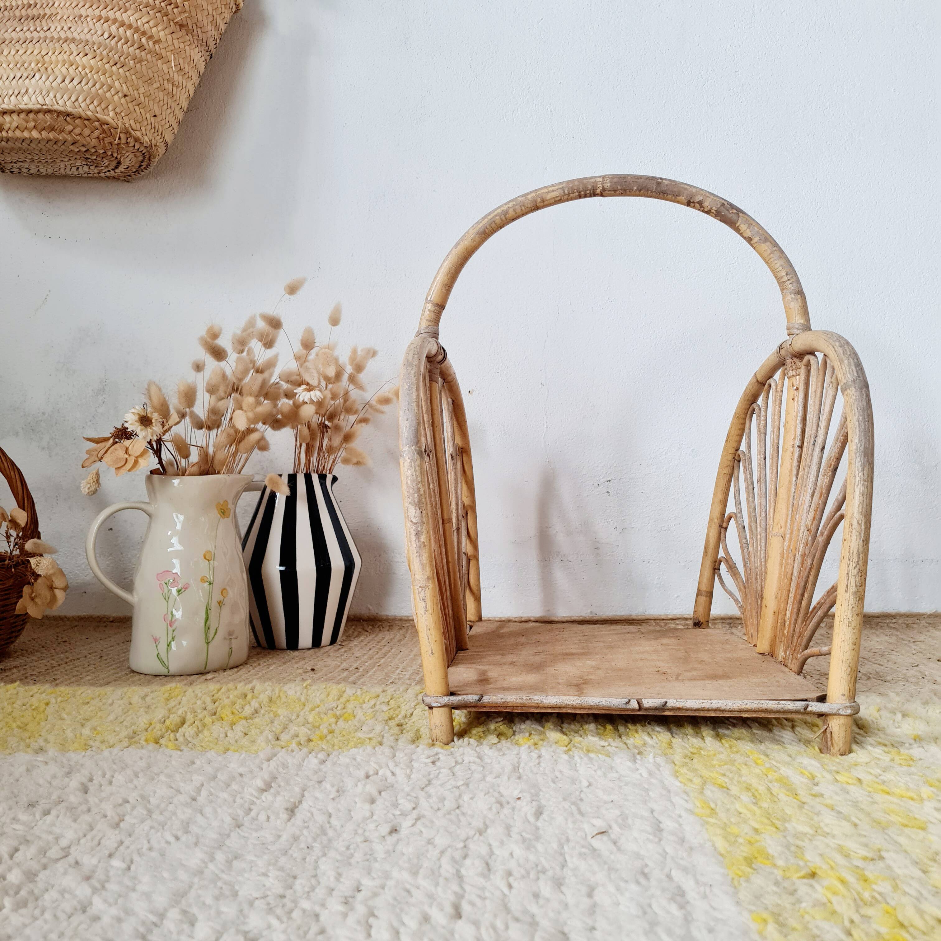 Magazine rack, vintage log holder in rattan