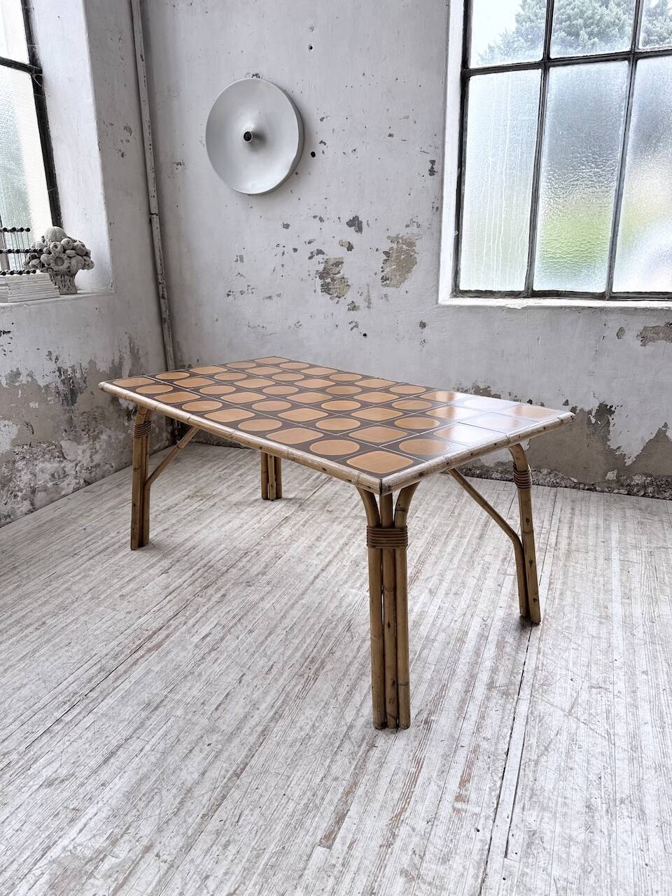 1950s rattan table with ceramic top