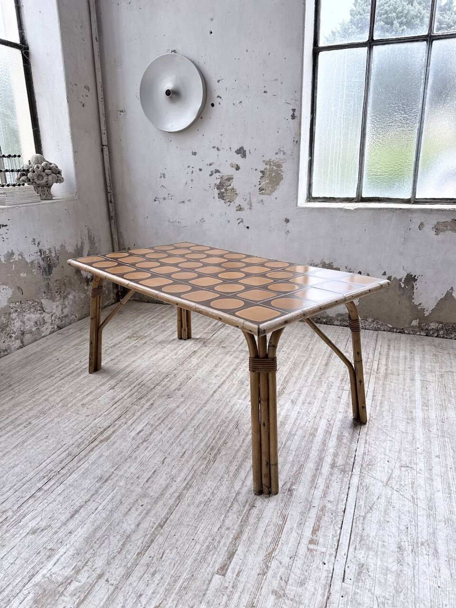 1950s rattan table with ceramic top