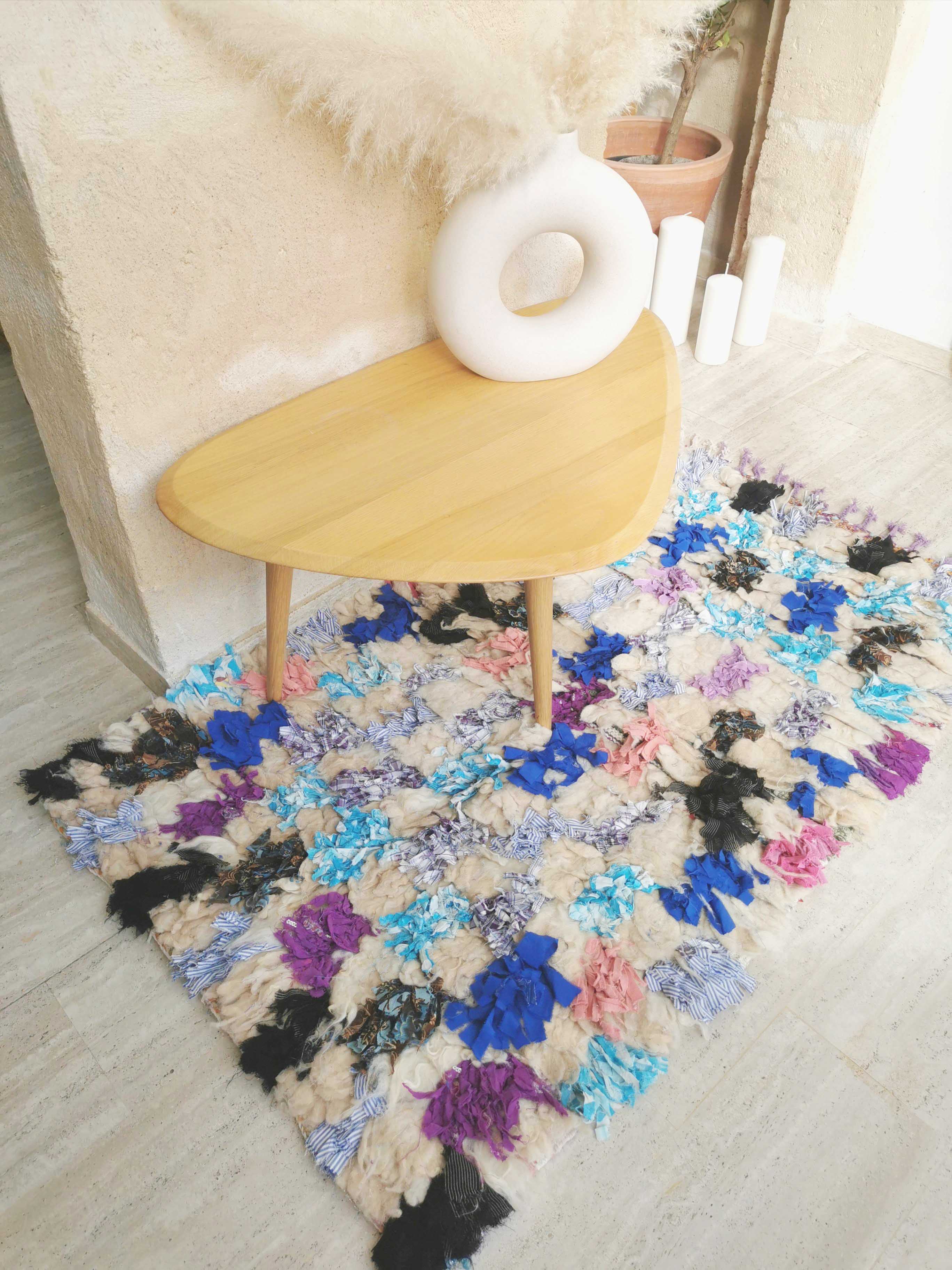 Small reversible colorful Boucherouite Moroccan rug
