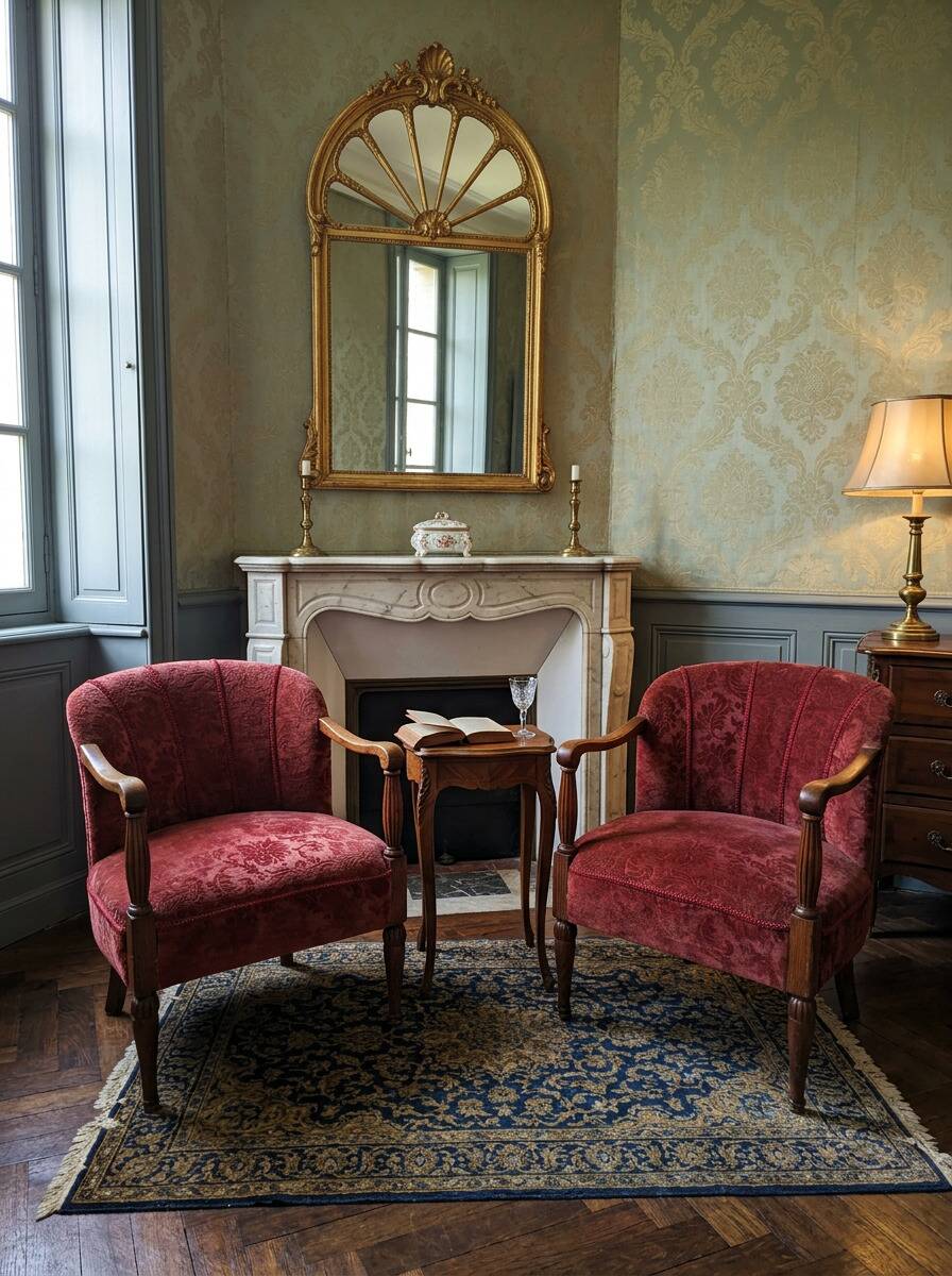 Elegante Coppia di Poltrone Vintage Anni '60 in Rovere e Velluto Damascato