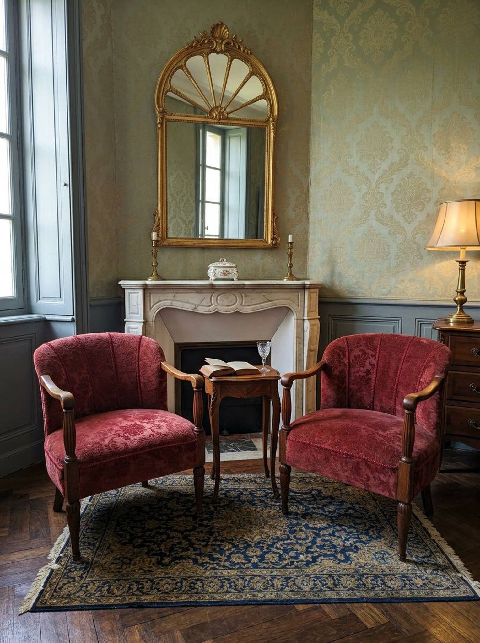 Elegante Coppia di Poltrone Vintage Anni '60 in Rovere e Velluto Damascato