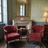 Elegante Coppia di Poltrone Vintage Anni '60 in Rovere e Velluto Damascato