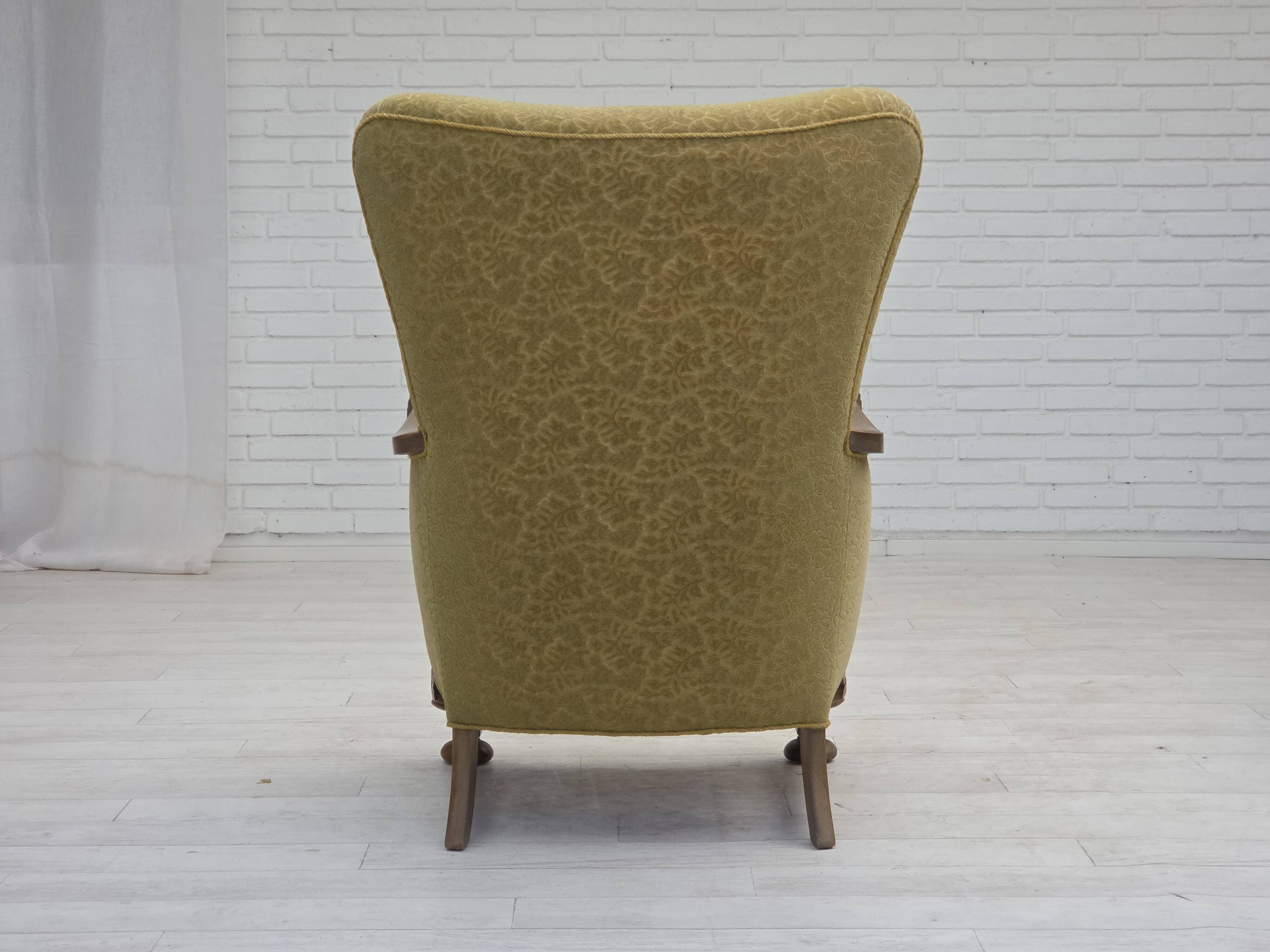 1960s, Danish highback armchair, furniture cotton/wool fabric, oak wood.