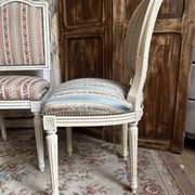 Pair of Louis XVI style chairs in painted wood and satin, classic elegance.