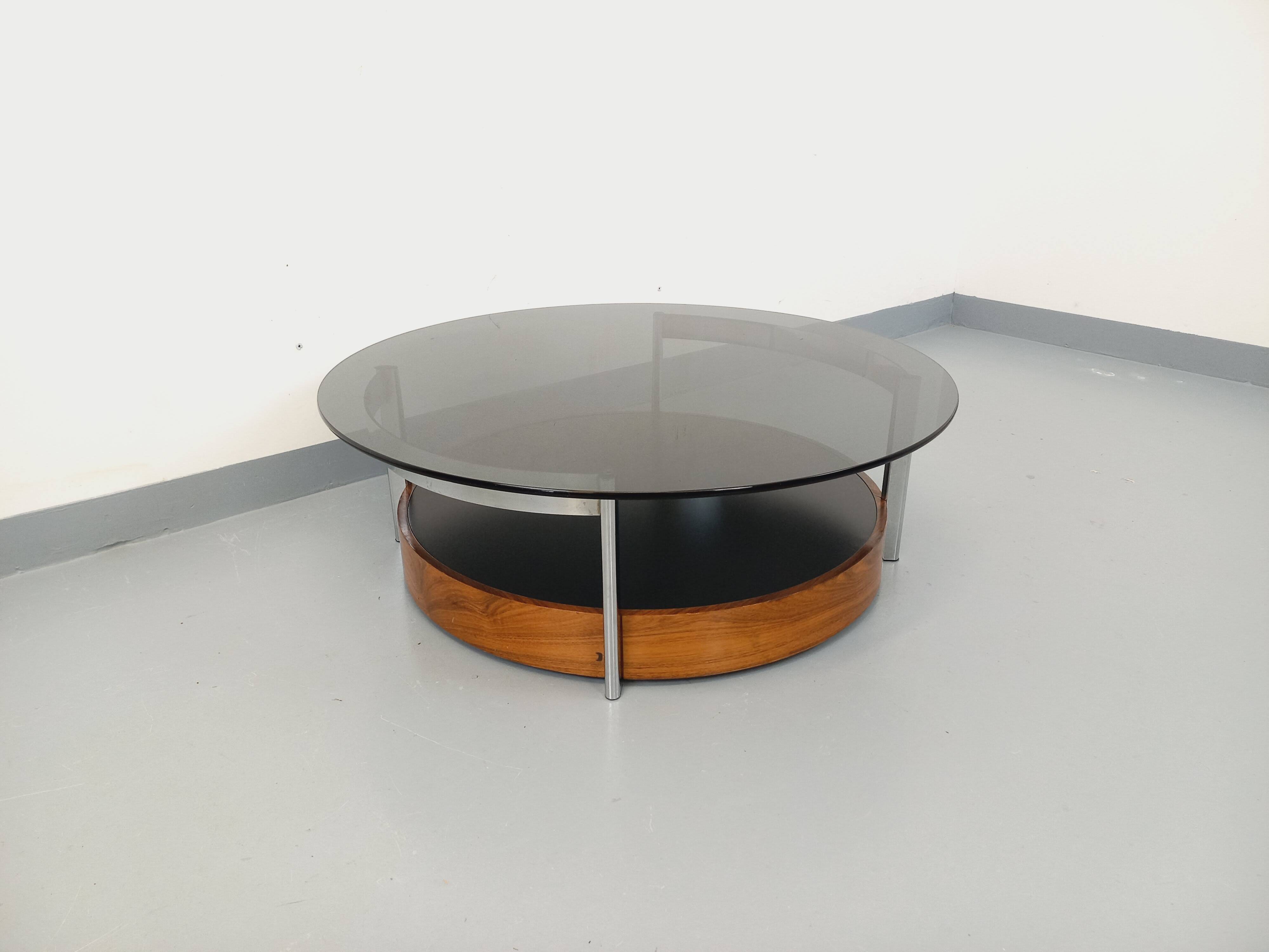Vintage Italian round coffee table in rosewood, chrome metal, glass.