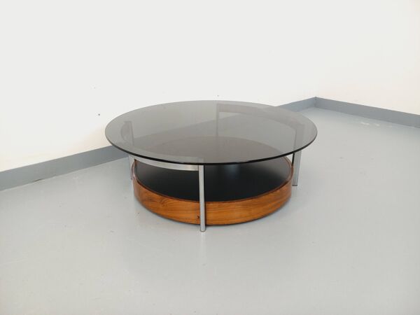 Table basse ronde italienne vintage en palissandre, métal chromé, verre