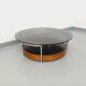 Vintage Italian round coffee table in rosewood, chrome metal, glass.