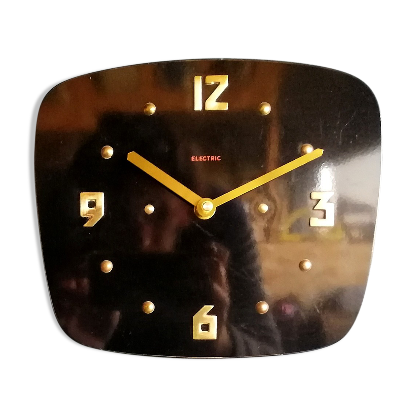 Vintage formica silent rectangular wall clock "Electric golden black"