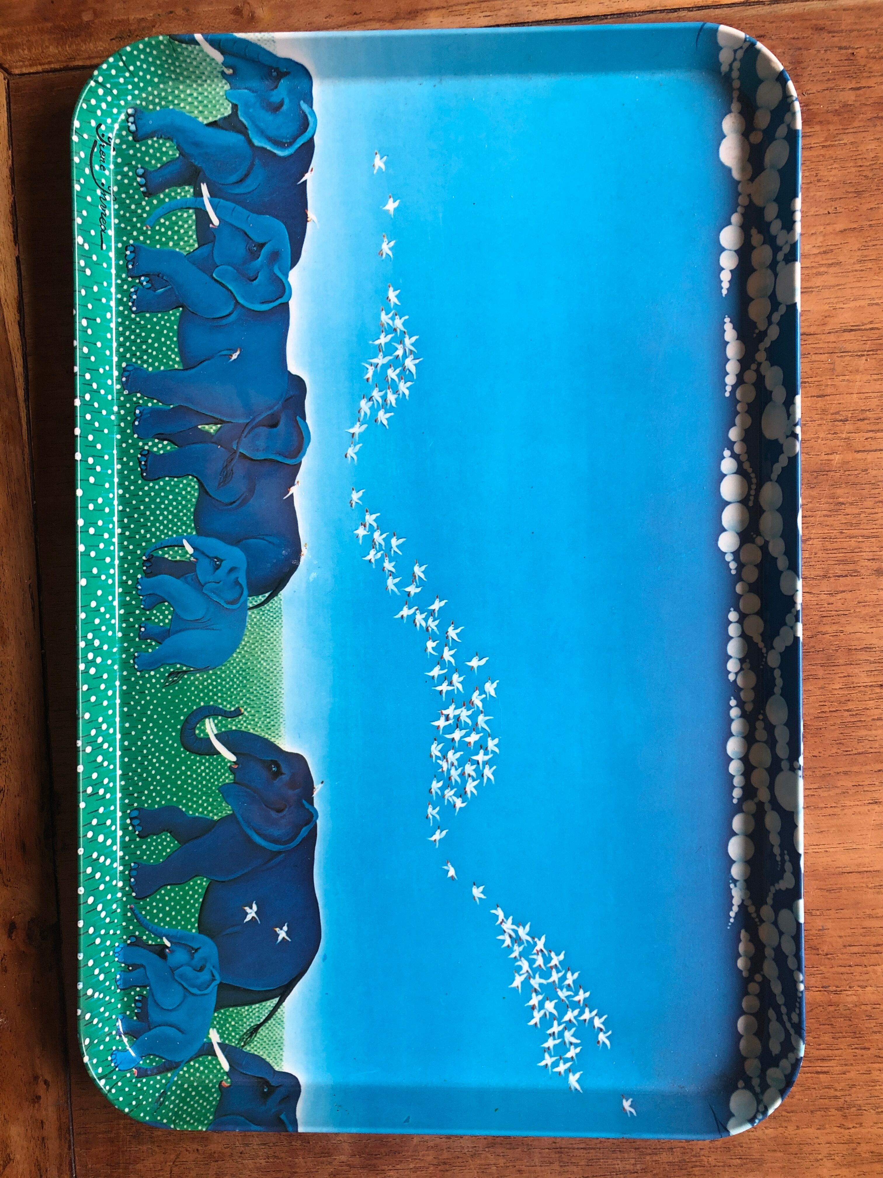 Large tray mebel Irene invrea art naïve blue elephants