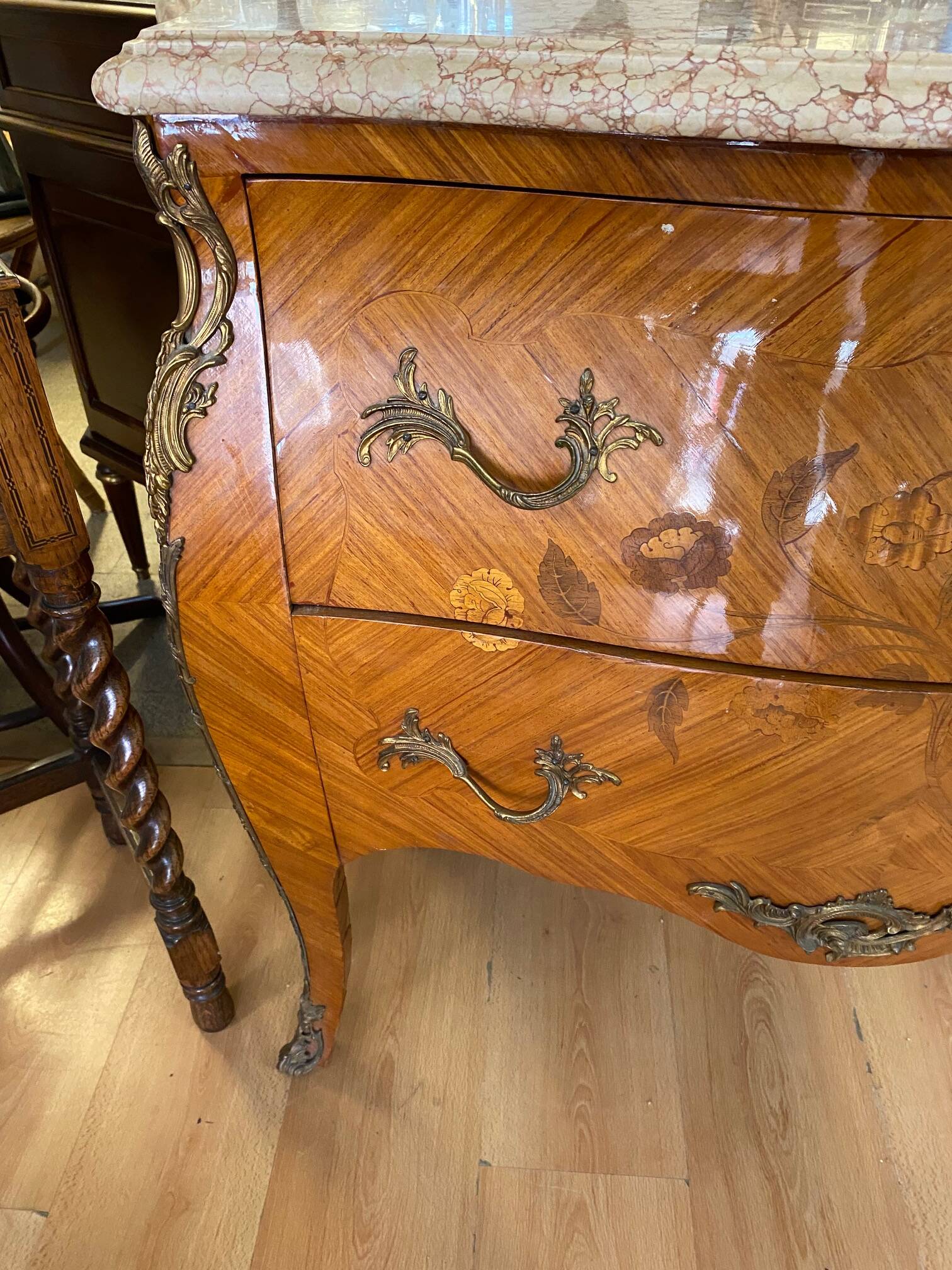 Louis xv style curved chest of drawers in marquetry with marble and embroidered floral decor