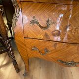 Louis xv style curved chest of drawers in marquetry with marble and embroidered floral decor