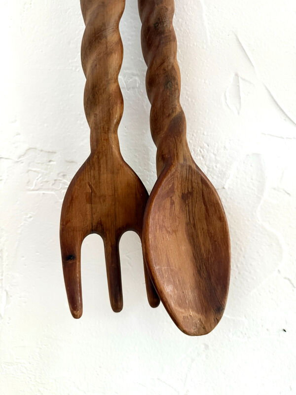Paire cuillère & fourchette en bois sculpté XXL