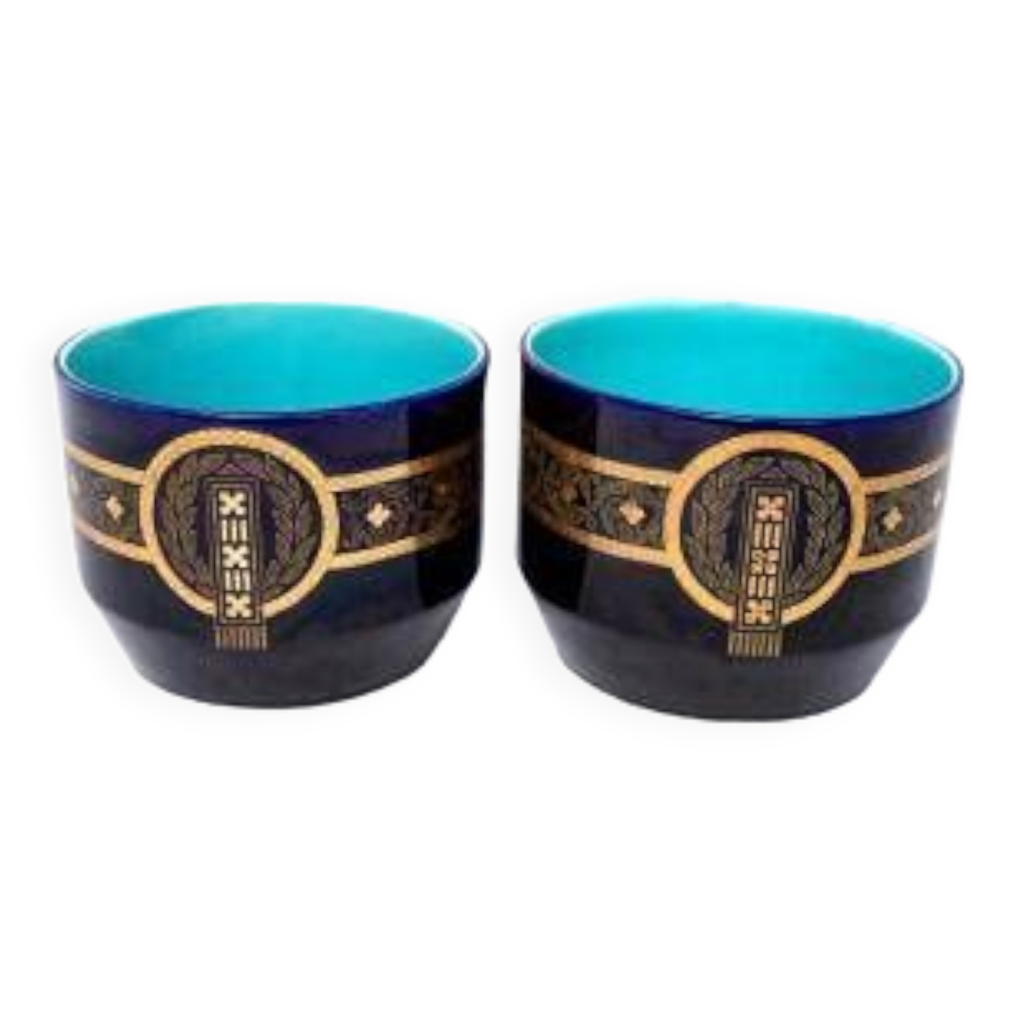 Pair of caches pots Sarreguemines - blues of Longwy - golden geometric decorations - XIXth
