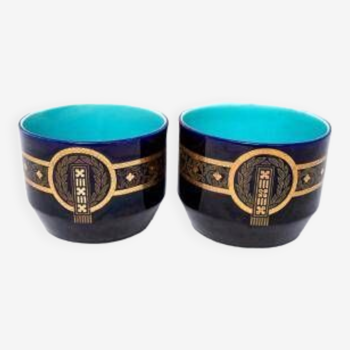 Pair of caches pots Sarreguemines - blues of Longwy - golden geometric decorations - XIXth