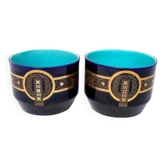 Pair of caches pots Sarreguemines - blues of Longwy - golden geometric decorations - XIXth