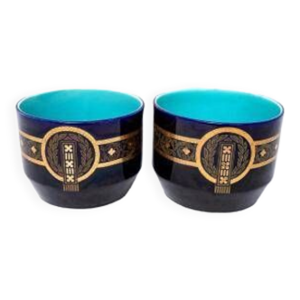Pair of caches pots Sarreguemines - blues of Longwy - golden geometric decorations - XIXth
