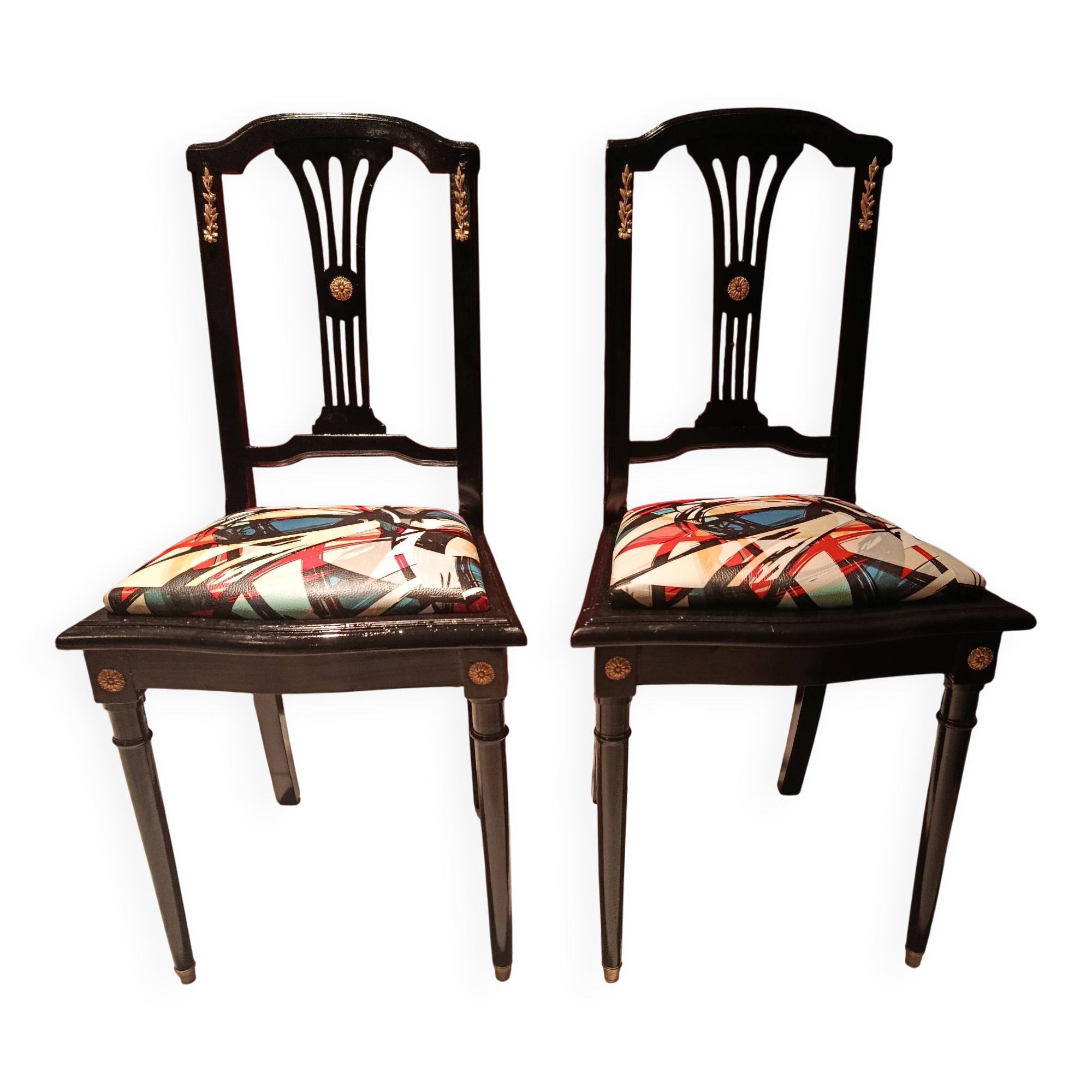Pair of Hepplewhite neoclassical style chairs, relooked in black lacquer and faux leather.