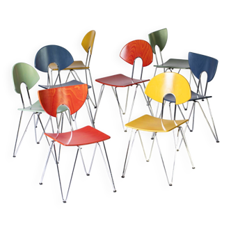 Set of 8 colorful Mikado 1800 chairs by Walter Leeman, Kusch+Co, 1980s