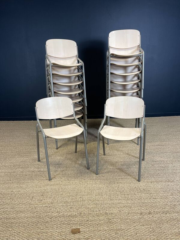 Lot de 17 chaises école Eromes bois clair acier gris Pays Bas années 80