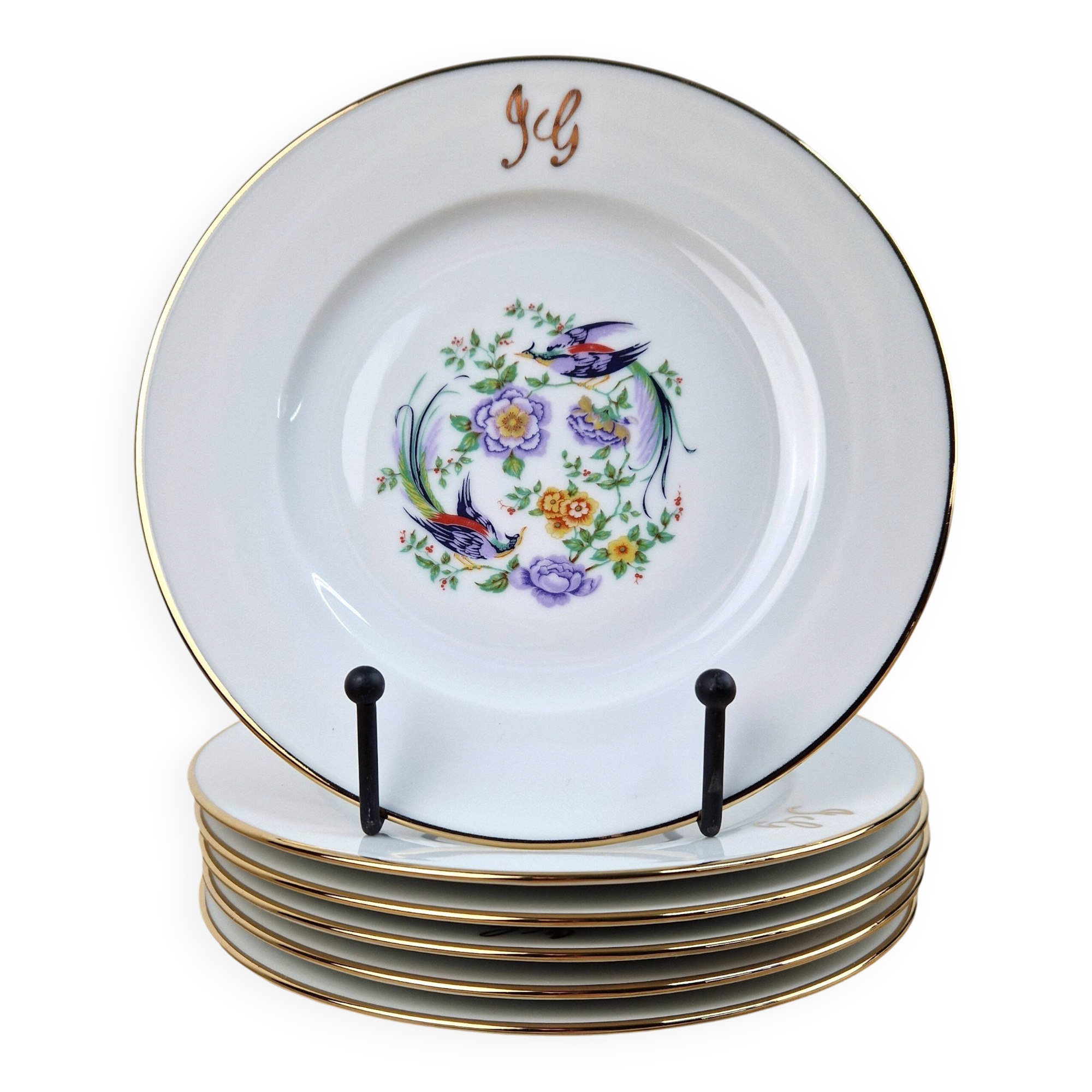 Set of 6 vintage dessert plates Limoges porcelain paradise bird