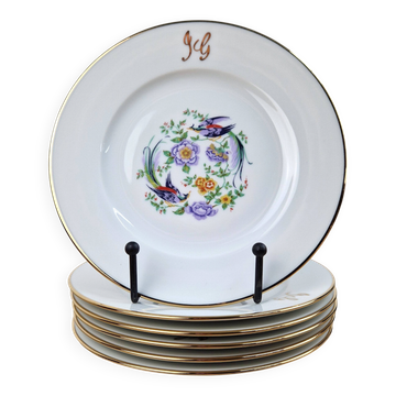 Set of 6 vintage dessert plates Limoges porcelain paradise bird
