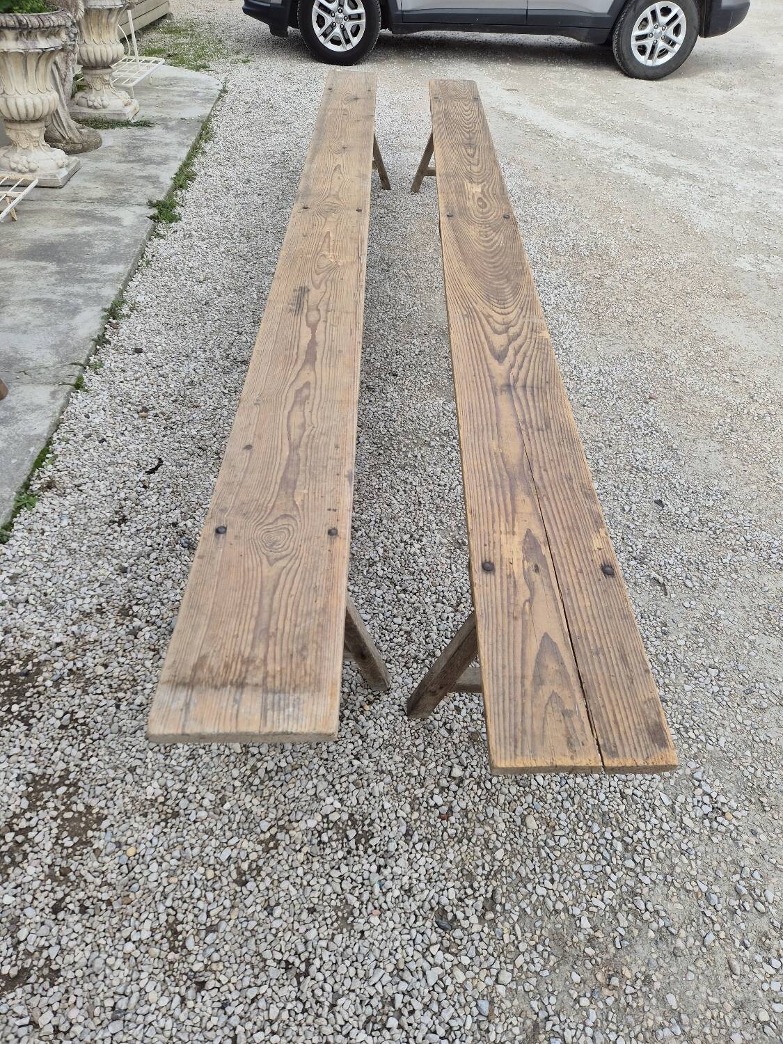 Pair of rustic oak and fir farmhouse benches 1900s - 3m85