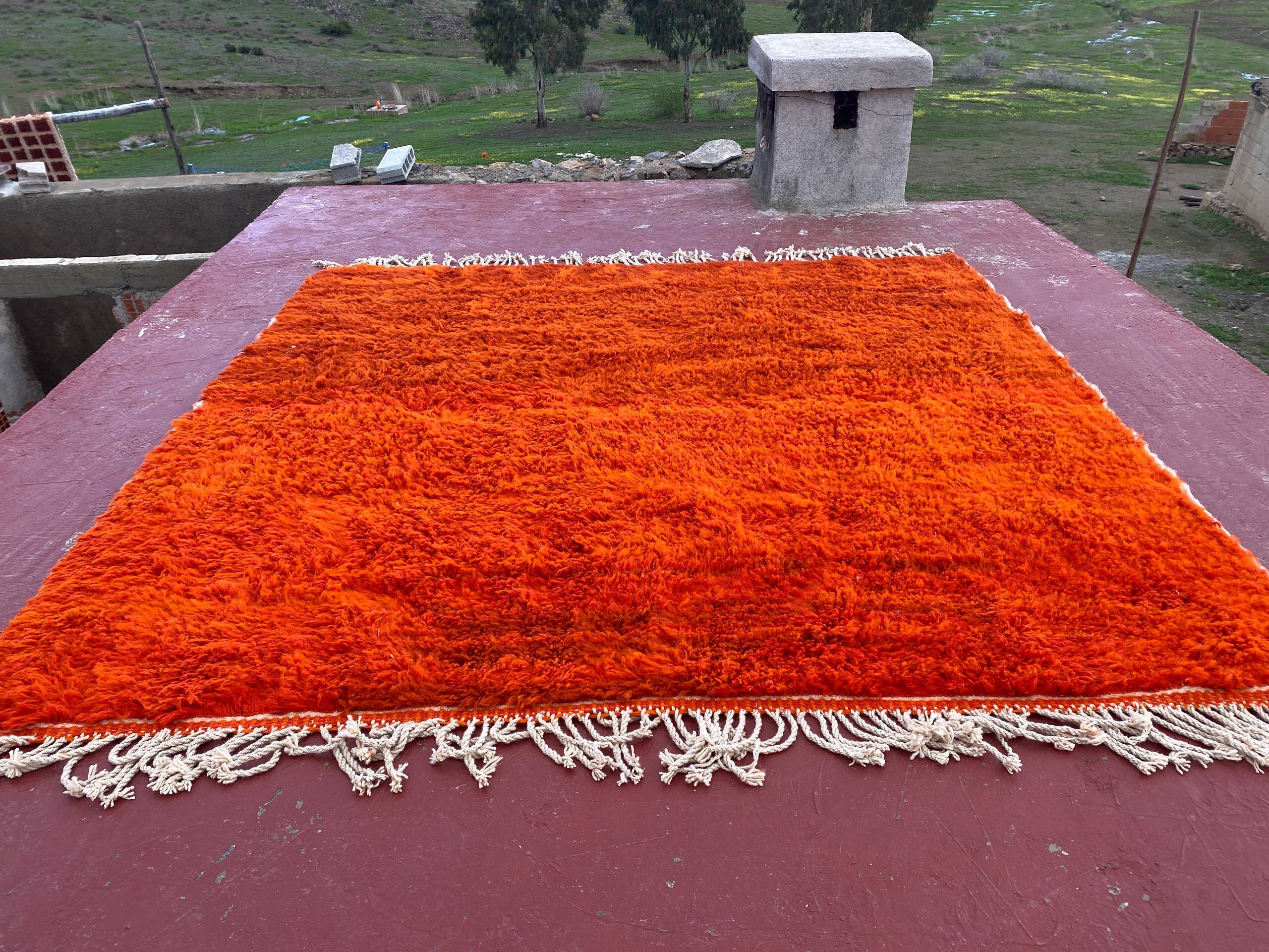 Large Beni Ouarain Rug 260x260 cm – Vibrant Orange Wool, Unique Piece