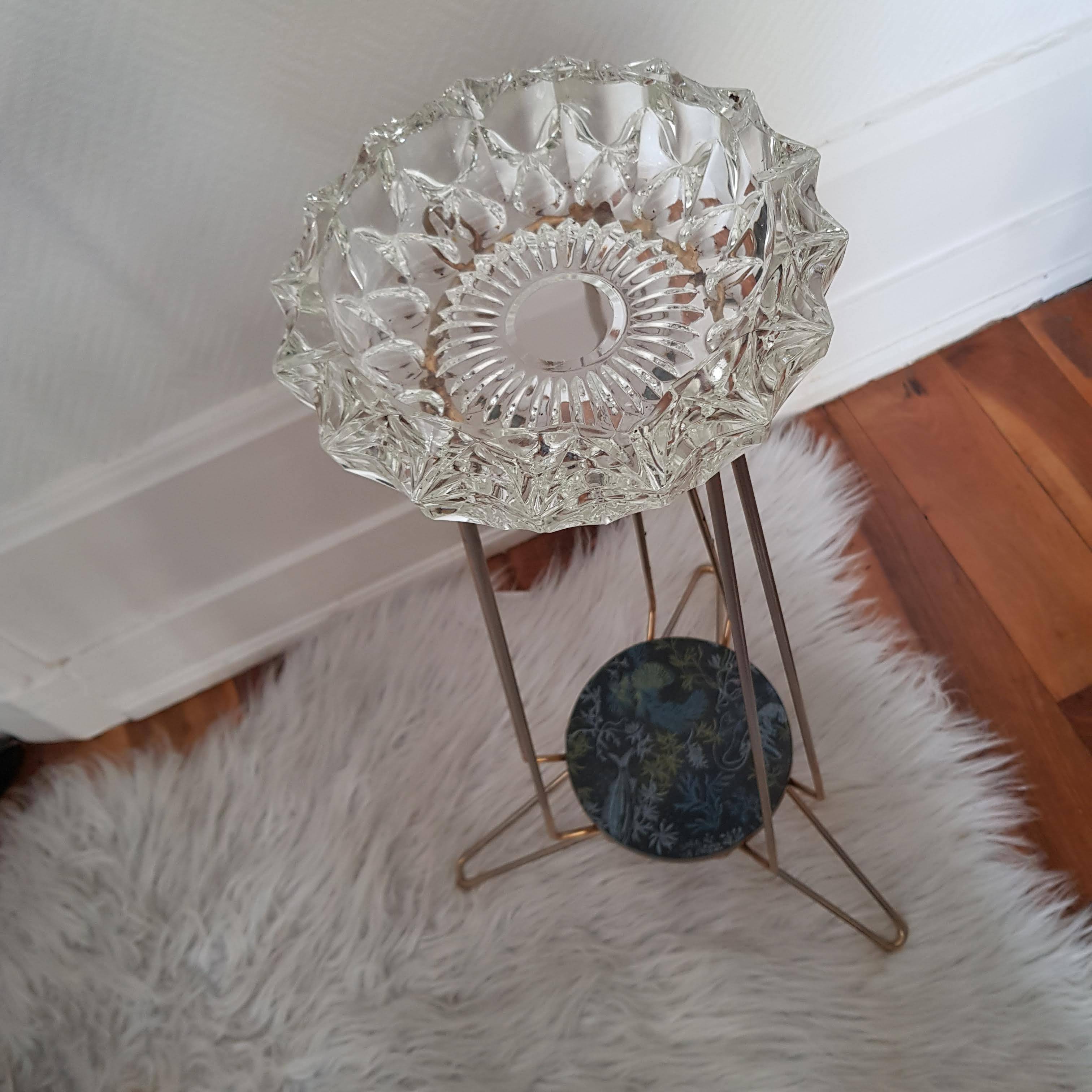 Crystal ashtray on brass tripod stand