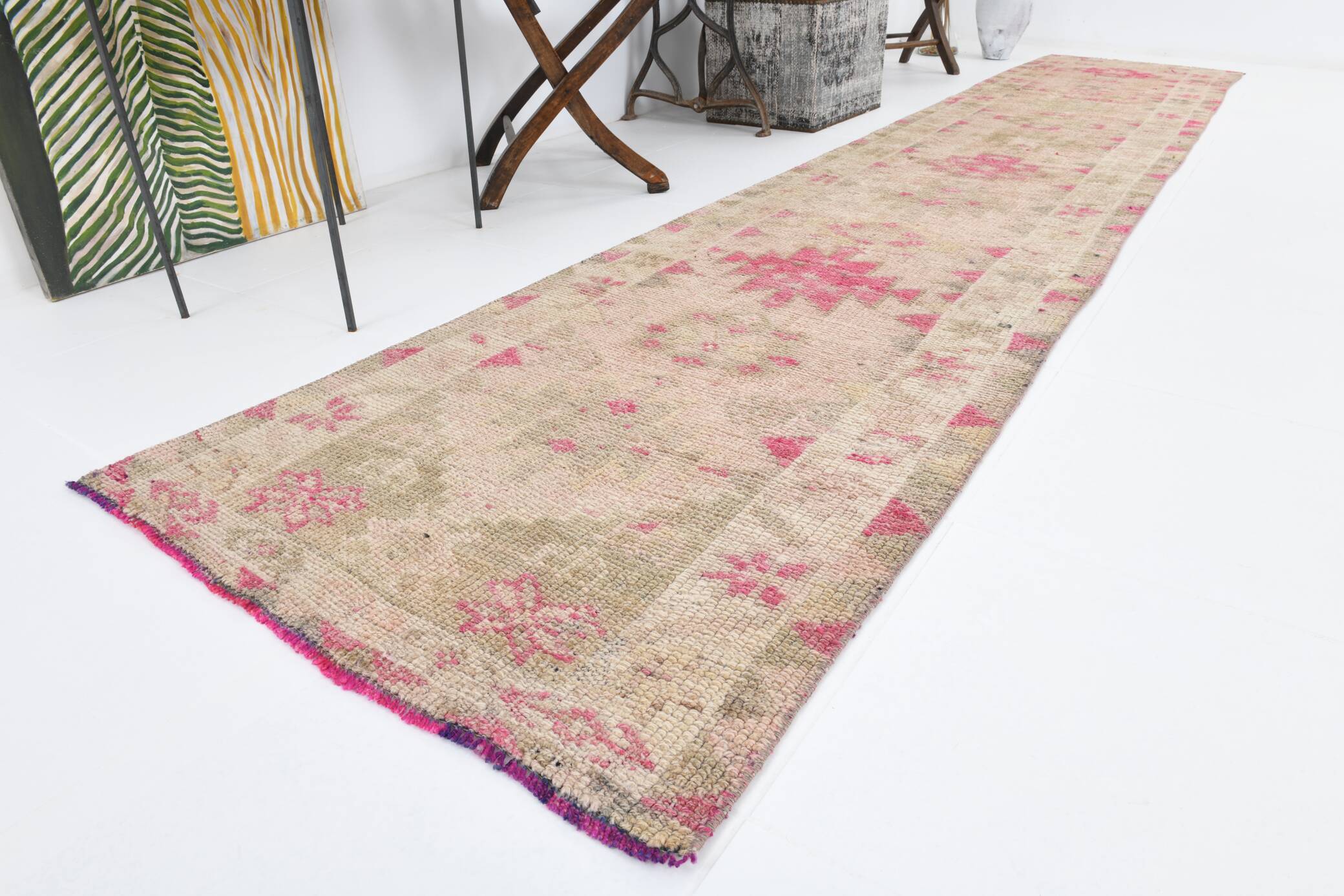 3x13 Rug For Kitchen Pink Beige Herki Vintage Runner Rug, 79x402Cm SK 4146