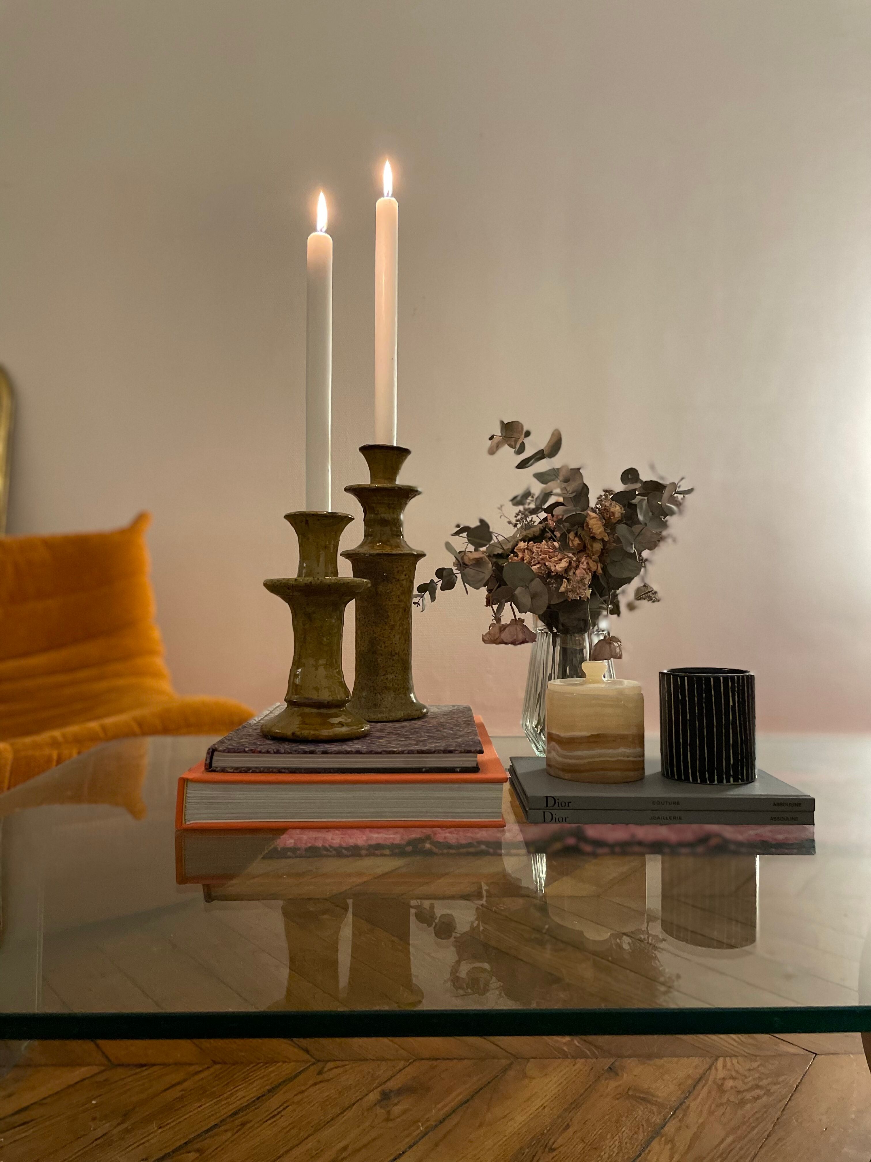 Tamegroute candlestick candlestick ocher yellow enamelled ceramic M H25cm