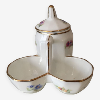 Moutardier saliere poivriere en porcelaine florale pourtour dore