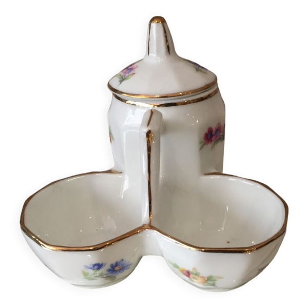 Moutardier saliere poivriere en porcelaine florale pourtour dore