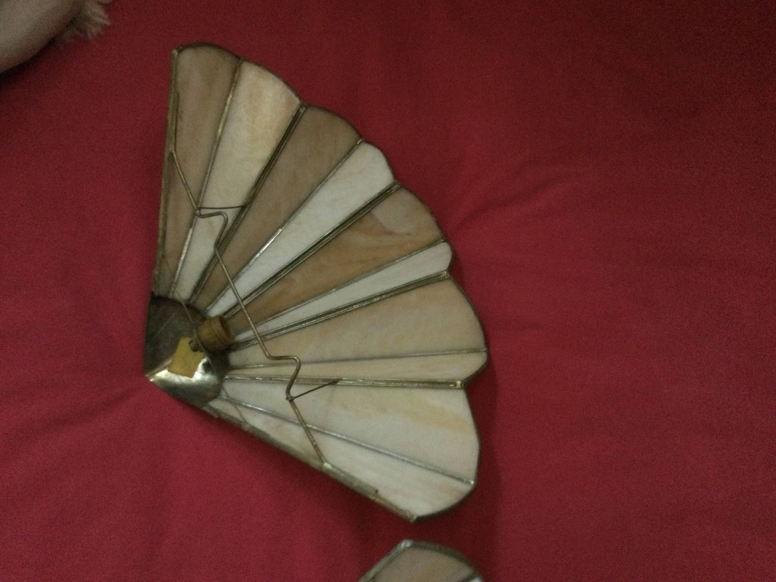 2 art deco fan-shaped wall lights in pearly glass paste and brass