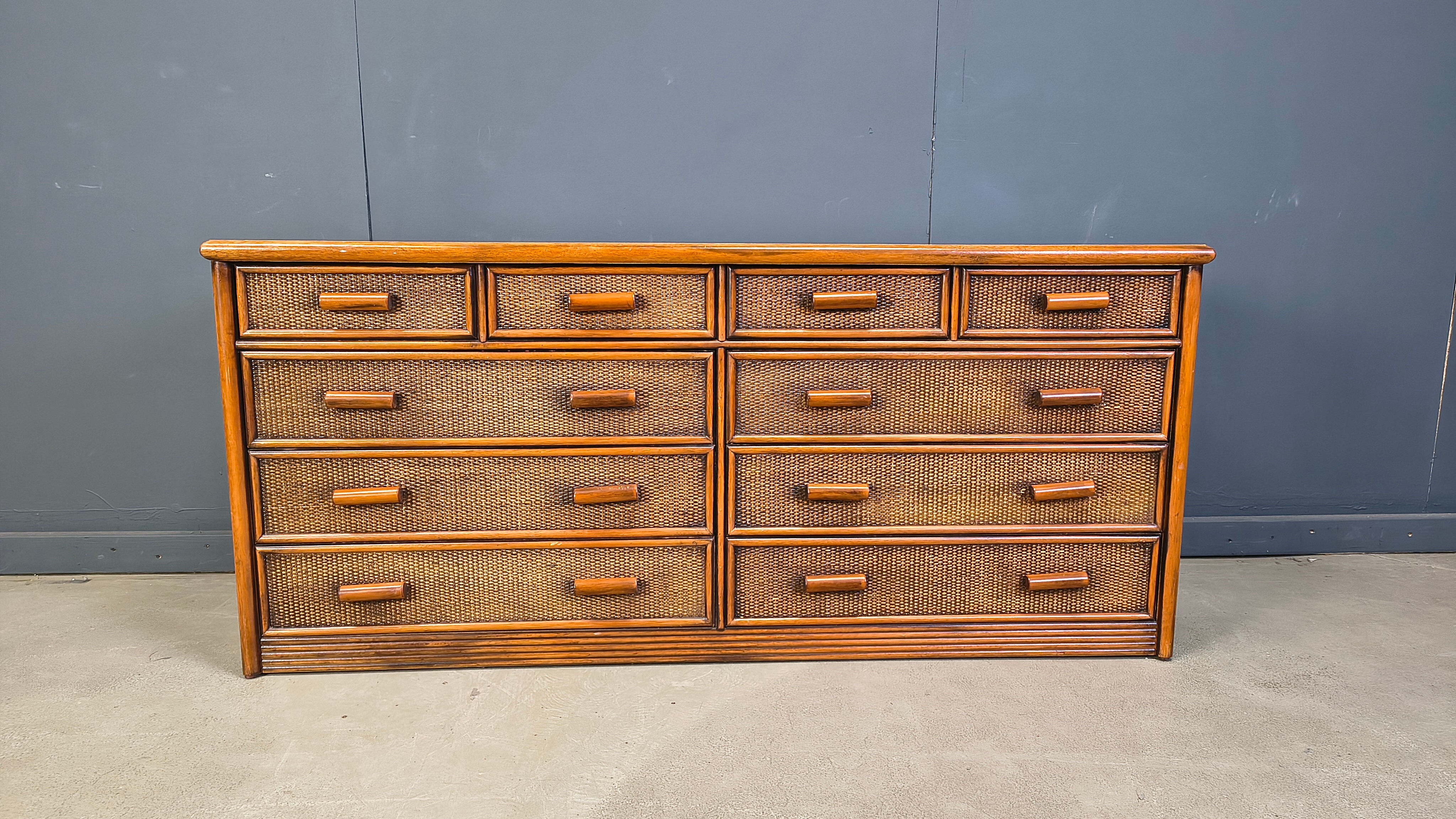 Vintage rattan and bamboo chest of drawers, 1970s