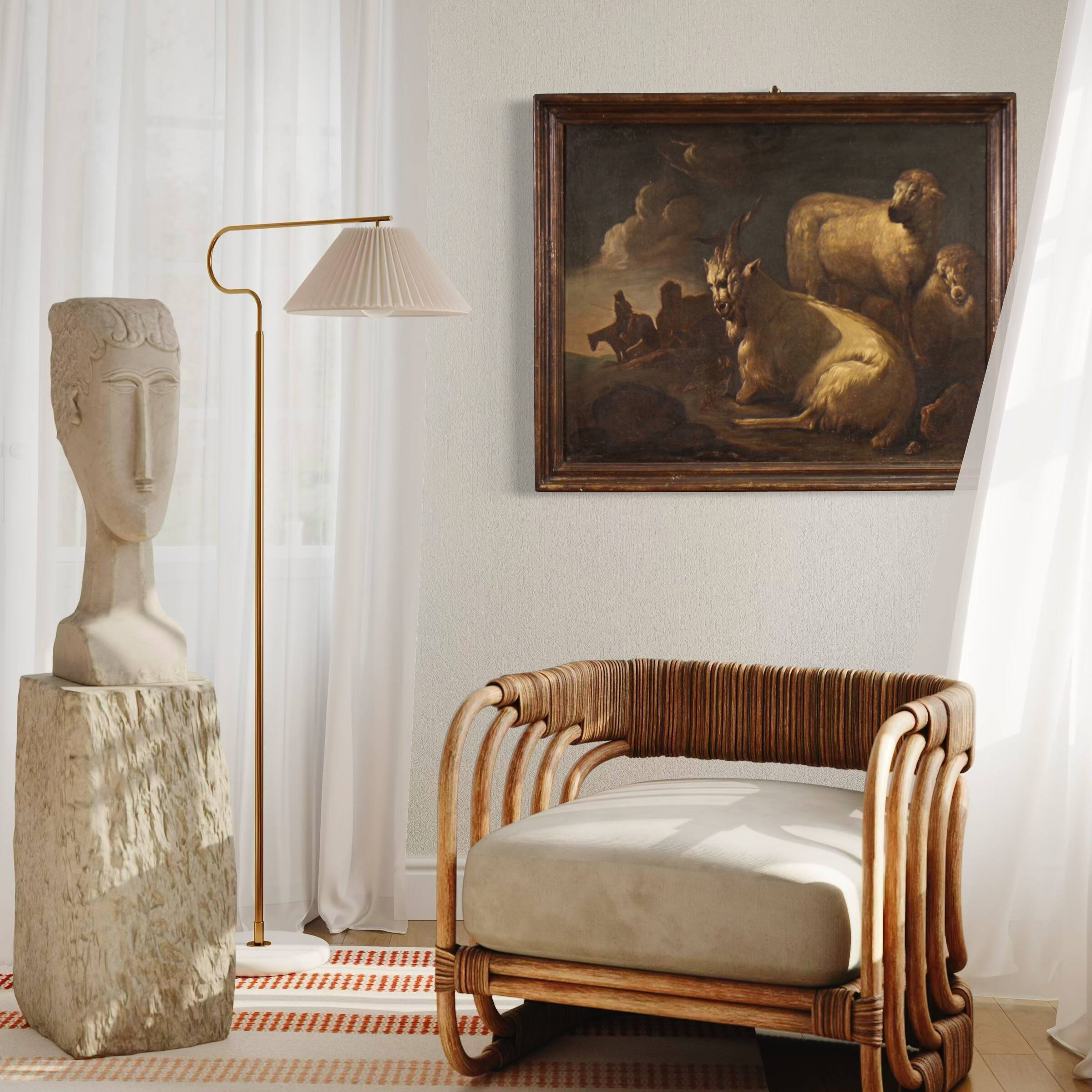 Beautiful 17th century painting, bucolic landscape with goats