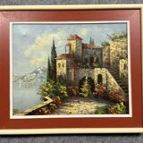 Italian School: painting of a castle on the edge of a lake