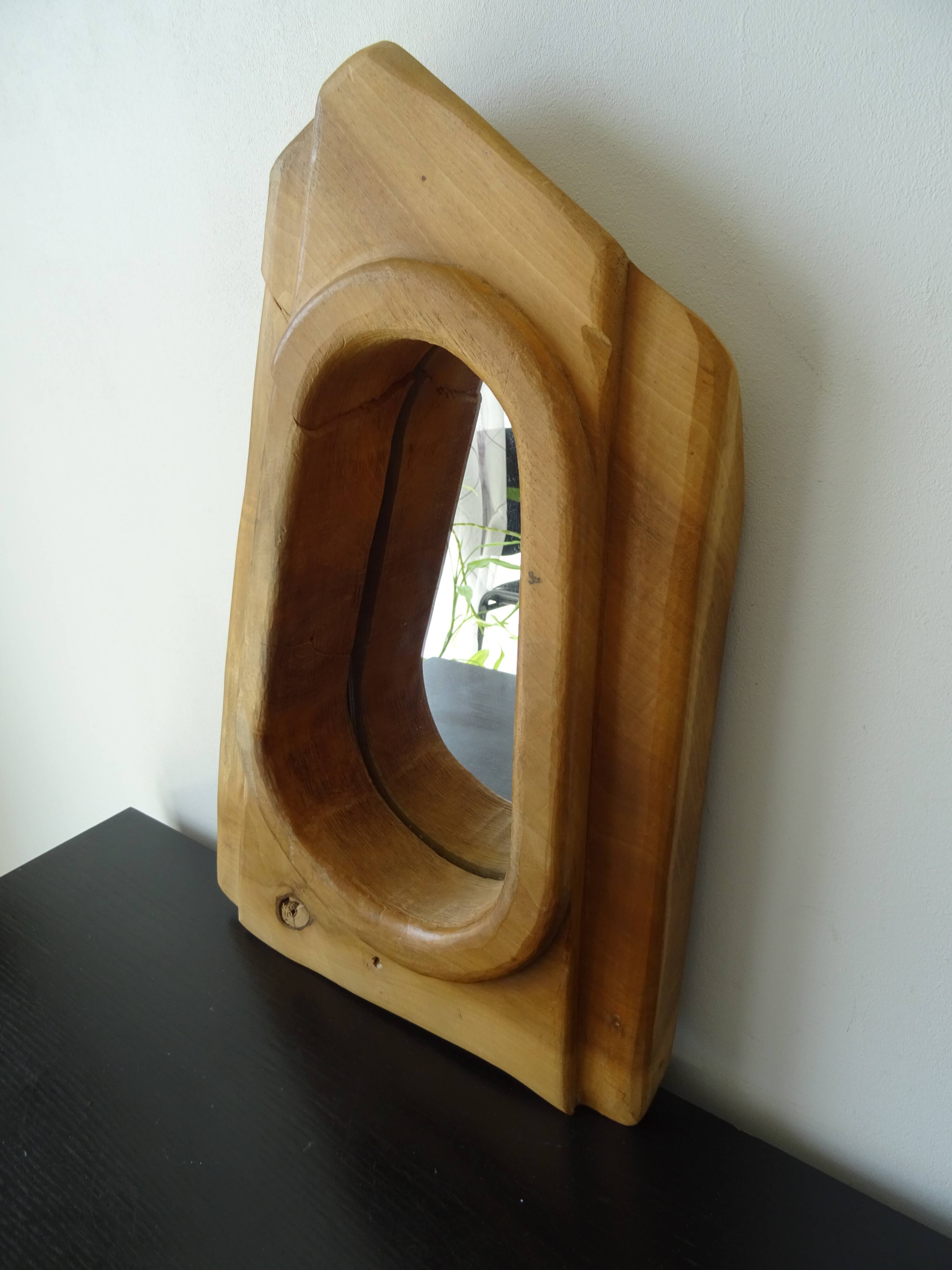 Brutalist free-form solid wood mirror from the 70s
